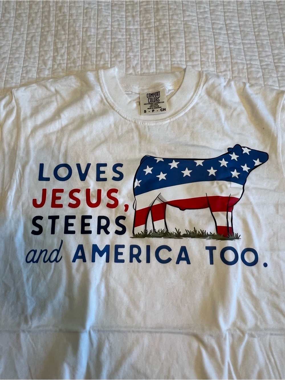 Comfort Colors White Tee with Patriotic Steer Graphic